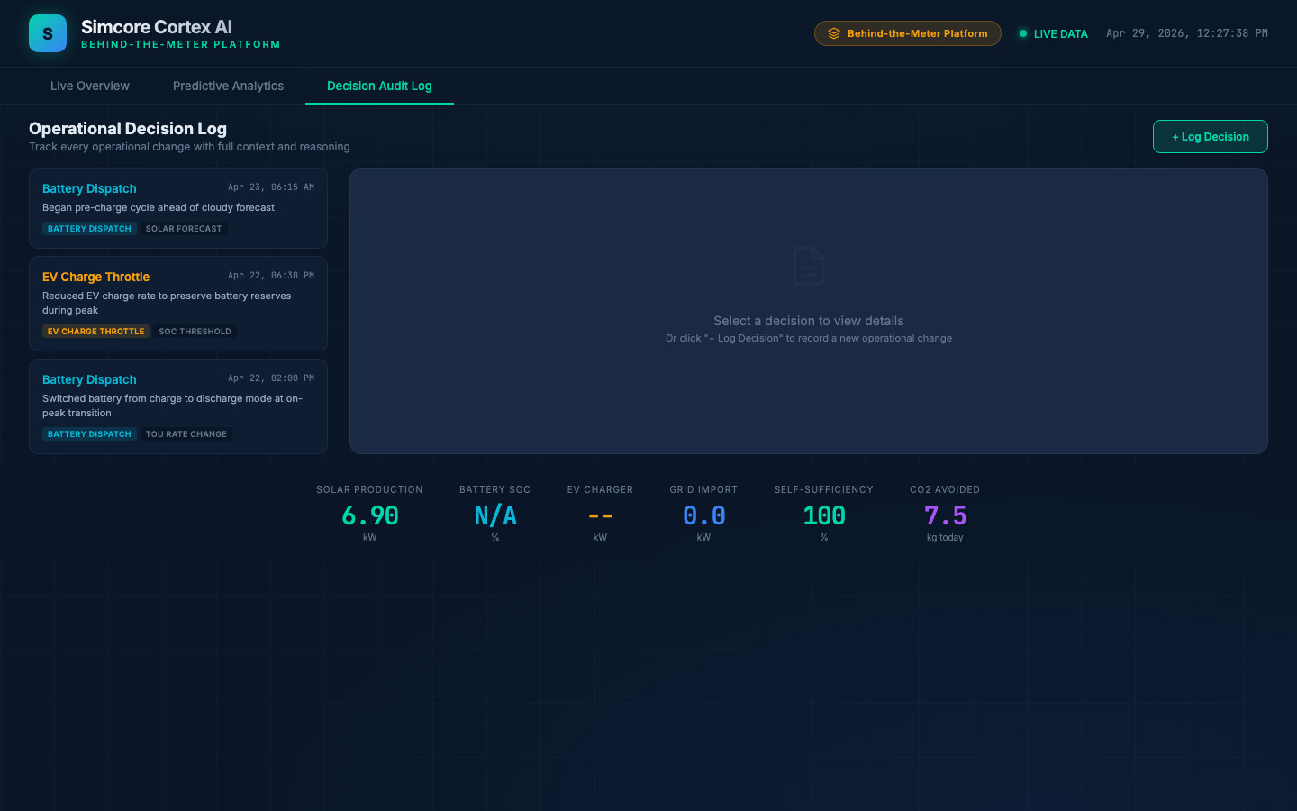 Simcore Cortex AI — Decision Audit Log showing battery dispatch and EV charge throttle decisions with full context and reasoning